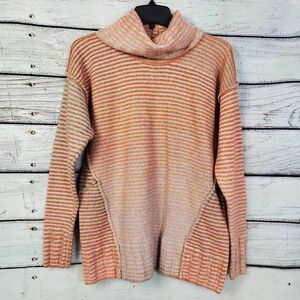 Cabi Women’s Cowl Neck Sweater Size S Orange Cream Striped Pullover Cozy Knit